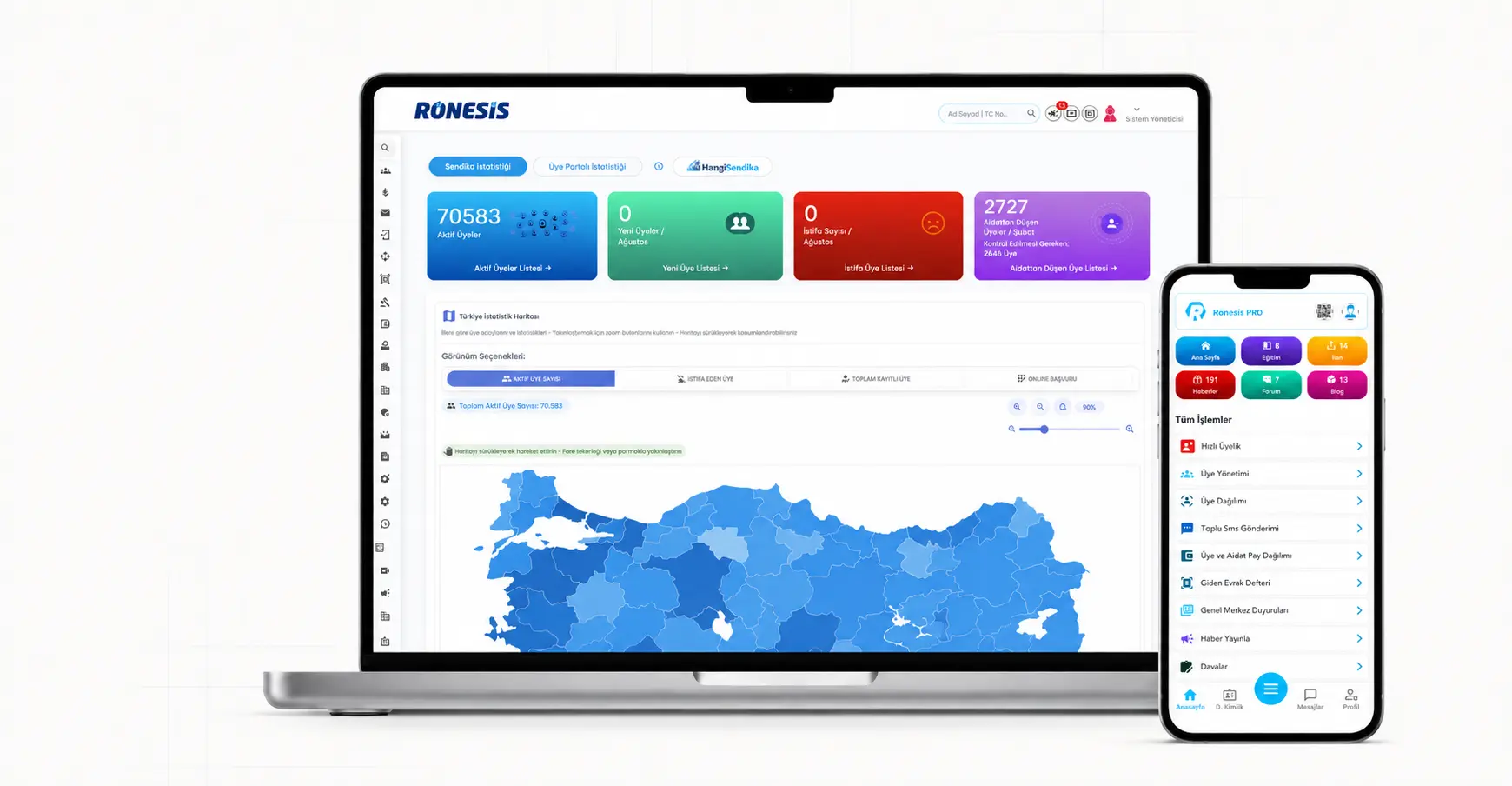 Rönesis PRO web ve mobil bütünleşik sendika yönetim platformu