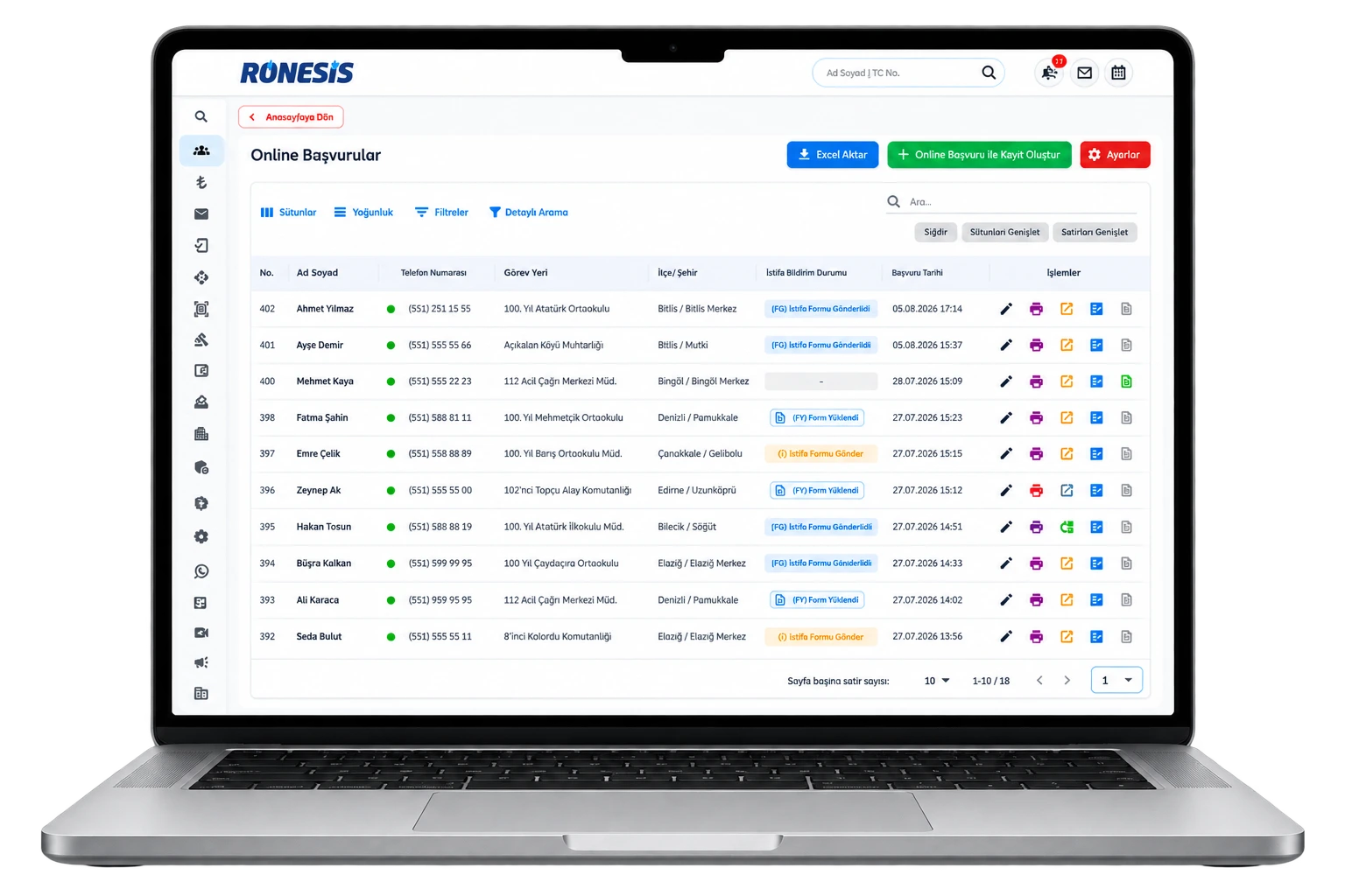 Rönesis PRO Online Üyelik Sistemi başvuru yönetim ekranı